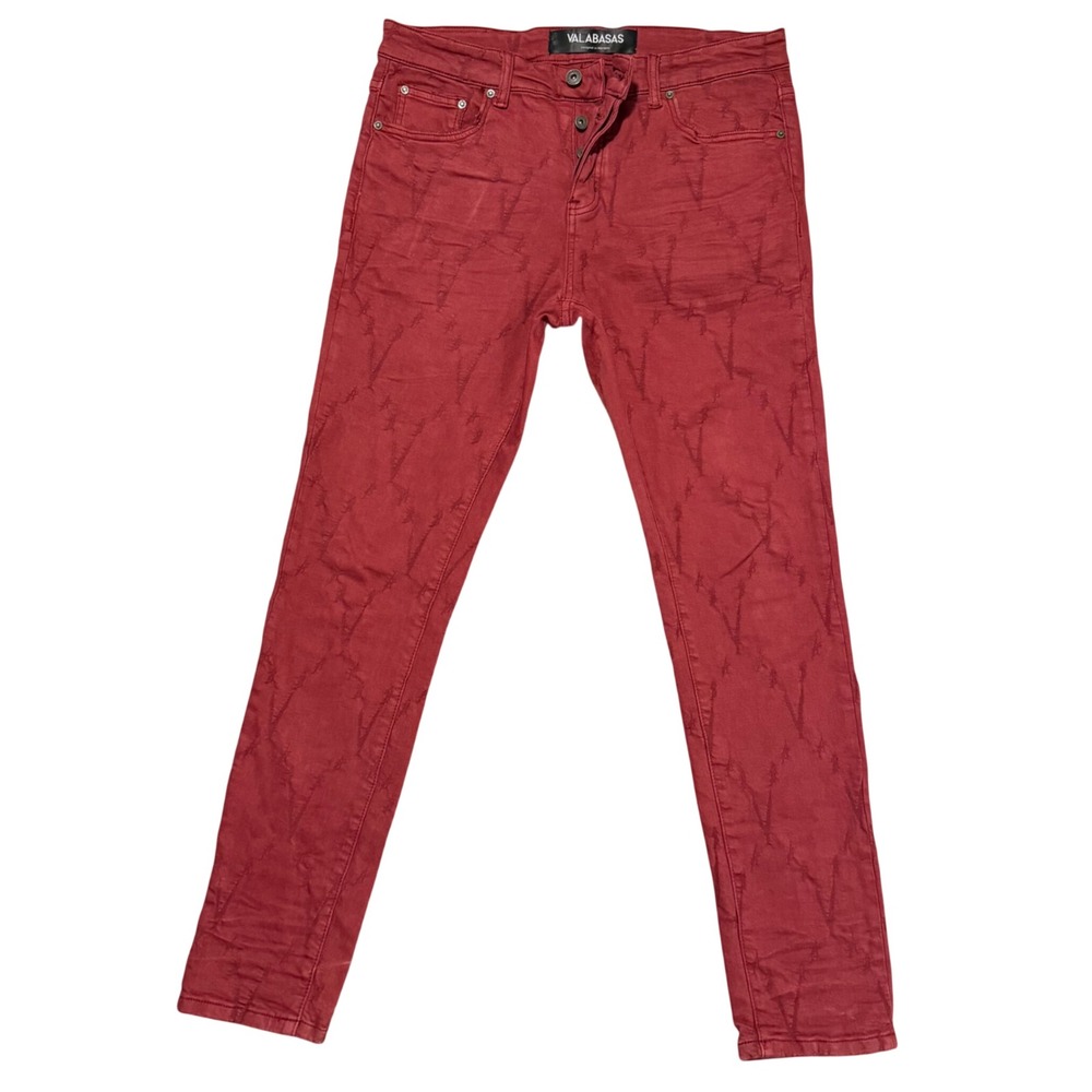 Valabasas Jeans Mens 34x31 Red Distressed V Pattern Embroidered Slim Fit Denim
